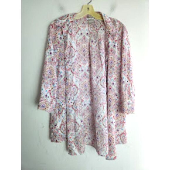 Chico's Beige w/Red Purple Pasley 100% Linen "No Iron" Button Up Blouse size 14 - Picture 2 of 7